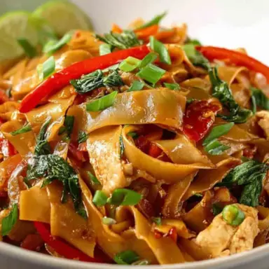 Close-up of Thai Drunken Noodles (Pad Kee Mao) featuring wide rice noodles stir-fried with red bell peppers, Thai basil, garlic, and chicken, garnished with green onions and lime slices.