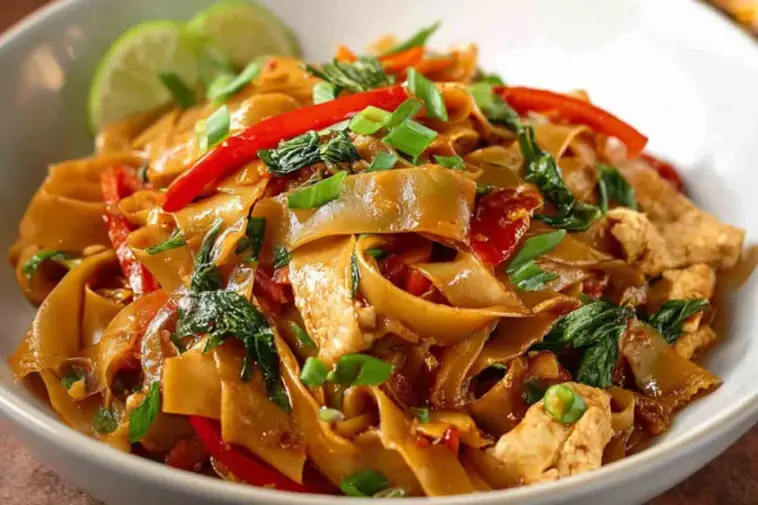 Close-up of Thai Drunken Noodles (Pad Kee Mao) featuring wide rice noodles stir-fried with red bell peppers, Thai basil, garlic, and chicken, garnished with green onions and lime slices.