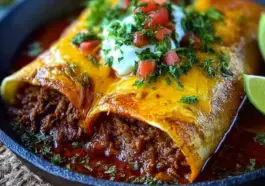 Close-up of cheesy beef enchiritos topped with sour cream, diced tomatoes, and chopped cilantro, served in a skillet with red enchilada sauce and lime wedges.