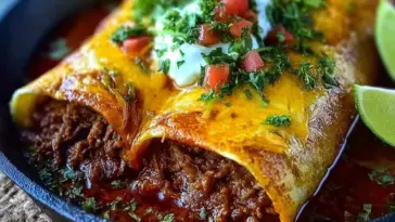 Close-up of cheesy beef enchiritos topped with sour cream, diced tomatoes, and chopped cilantro, served in a skillet with red enchilada sauce and lime wedges.