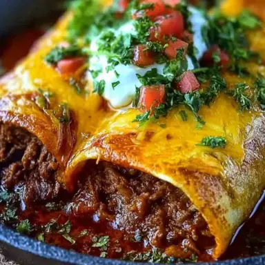 Close-up of cheesy beef enchiritos topped with sour cream, diced tomatoes, and chopped cilantro, served in a skillet with red enchilada sauce and lime wedges.