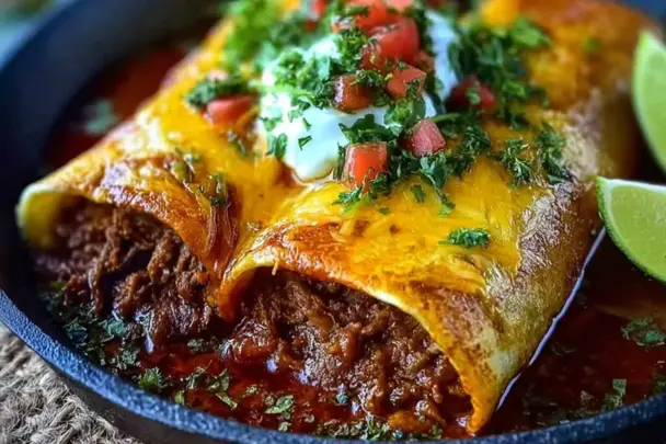 Close-up of cheesy beef enchiritos topped with sour cream, diced tomatoes, and chopped cilantro, served in a skillet with red enchilada sauce and lime wedges.