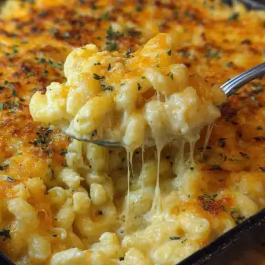 Close-up of a baking dish filled with golden, bubbly Five Cheese Baked Mac & Cheese, with a spoonful being lifted to show creamy, melty cheese strands and a crispy breadcrumb topping.