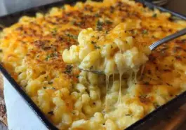 A square black baking dish filled with creamy, golden brown Five Cheese Baked Mac & Cheese. A spoon is lifting out a serving with stretchy melted cheese and visible toasted topping.
