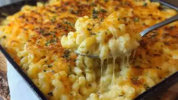 A square black baking dish filled with creamy, golden brown Five Cheese Baked Mac & Cheese. A spoon is lifting out a serving with stretchy melted cheese and visible toasted topping.