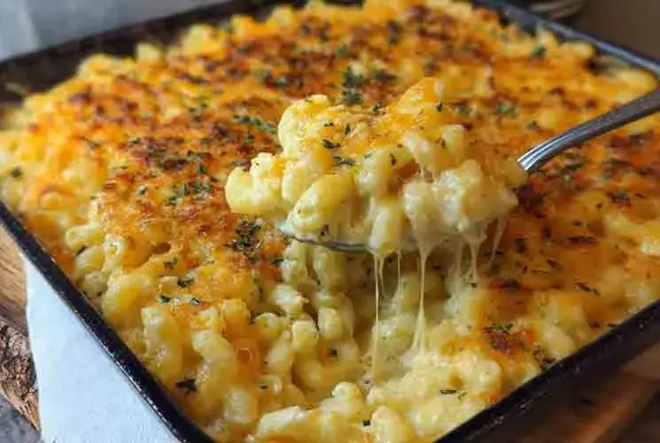 A square black baking dish filled with creamy, golden brown Five Cheese Baked Mac & Cheese. A spoon is lifting out a serving with stretchy melted cheese and visible toasted topping.