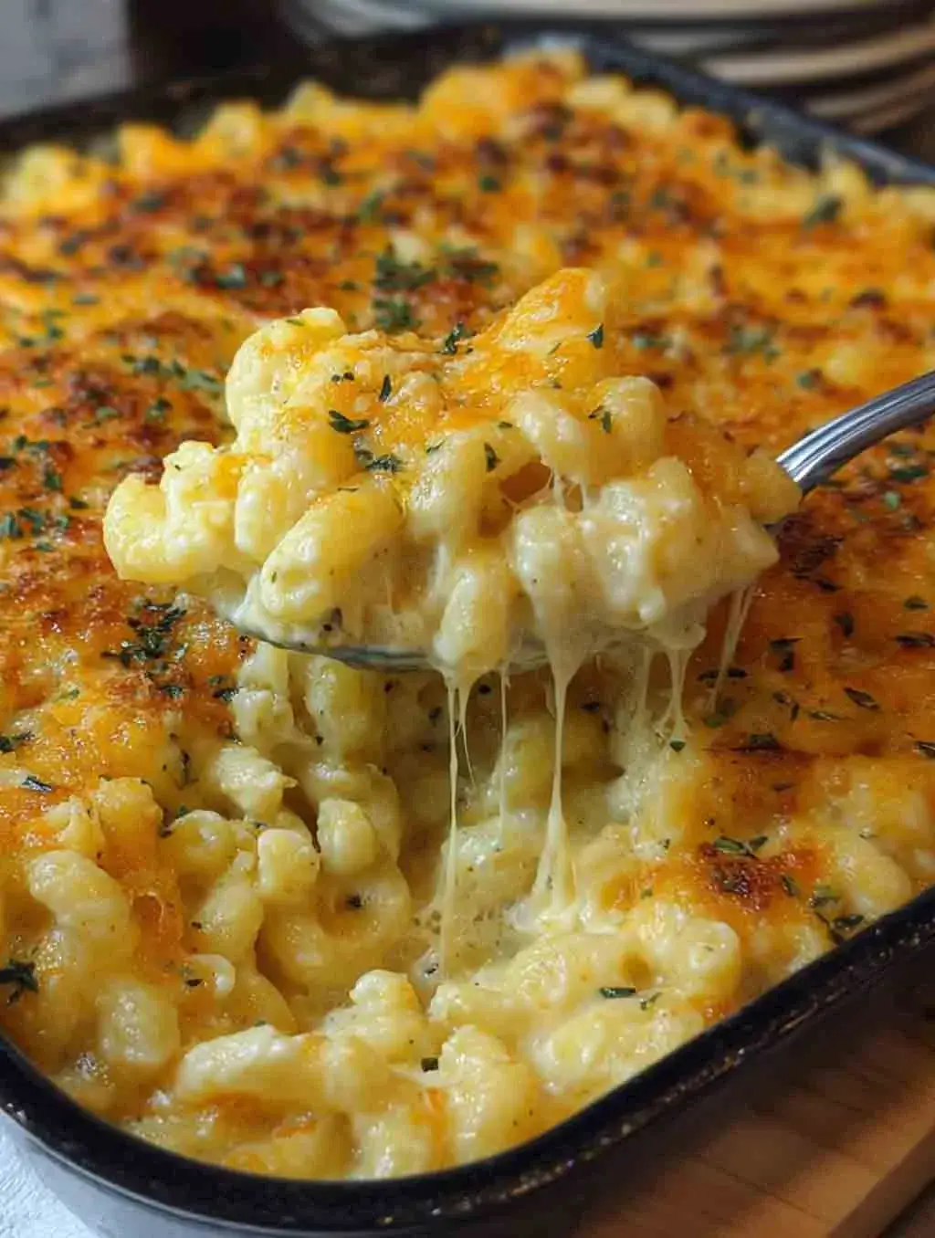Close-up of a baking dish filled with golden, bubbly Five Cheese Baked Mac & Cheese, with a spoonful being lifted to show creamy, melty cheese strands and a crispy breadcrumb topping.