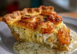 A golden slice of Florida Shrimp Pie with sautéed shrimp on top, creamy cheese filling, and flaky crust, served with a drizzle of herb sauce.