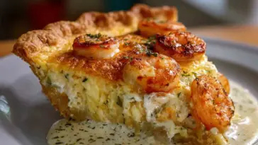 A golden slice of Florida Shrimp Pie with sautéed shrimp on top, creamy cheese filling, and flaky crust, served with a drizzle of herb sauce.