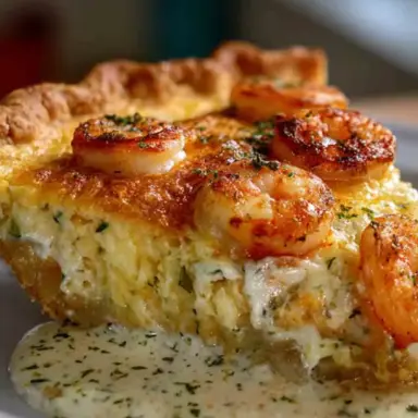 A golden slice of Florida Shrimp Pie with sautéed shrimp on top, creamy cheese filling, and flaky crust, served with a drizzle of herb sauce.