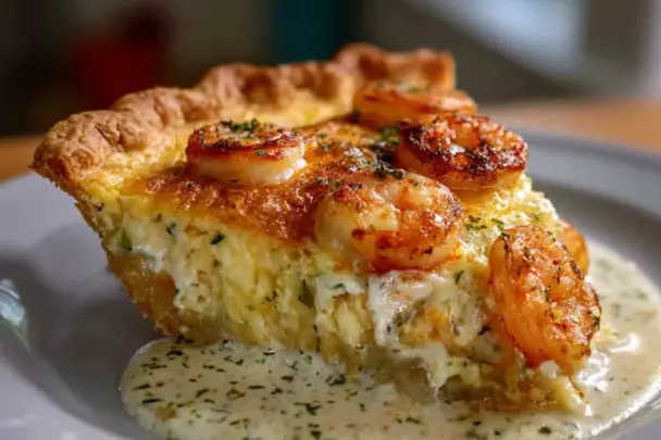 A golden slice of Florida Shrimp Pie with sautéed shrimp on top, creamy cheese filling, and flaky crust, served with a drizzle of herb sauce.