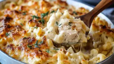 Close-up of baked French Onion Chicken Macaroni Cheese in a white dish, topped with golden melted cheese, fresh thyme, and tender chunks of chicken.