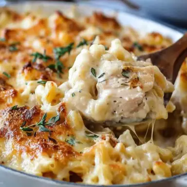 Close-up of baked French Onion Chicken Macaroni Cheese in a white dish, topped with golden melted cheese, fresh thyme, and tender chunks of chicken.
