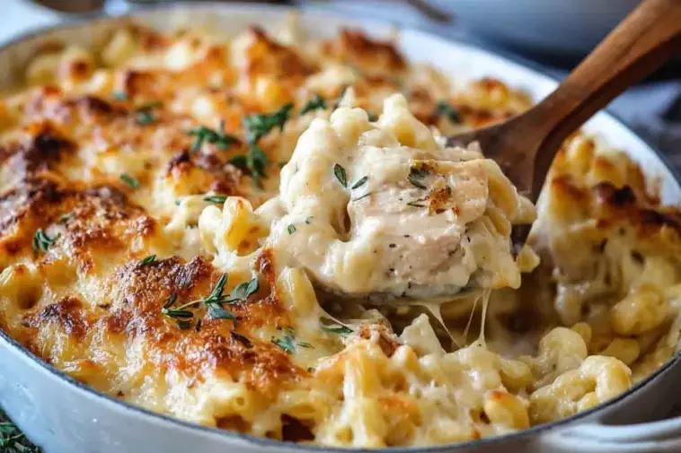 Close-up of baked French Onion Chicken Macaroni Cheese in a white dish, topped with golden melted cheese, fresh thyme, and tender chunks of chicken.