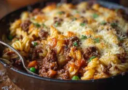 Close-up of a French Onion Savory Mince pasta bake topped with golden cheese, green peas, and herbs, served in a skillet with a spoonful ready to serve.