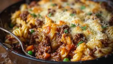 Close-up of a French Onion Savory Mince pasta bake topped with golden cheese, green peas, and herbs, served in a skillet with a spoonful ready to serve.