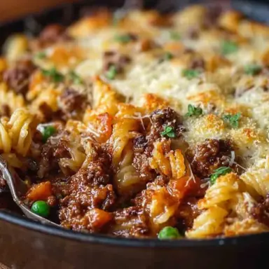 Close-up of a French Onion Savory Mince pasta bake topped with golden cheese, green peas, and herbs, served in a skillet with a spoonful ready to serve.