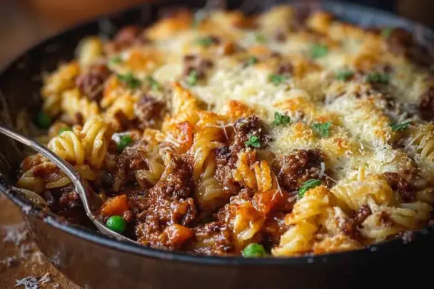 Close-up of a French Onion Savory Mince pasta bake topped with golden cheese, green peas, and herbs, served in a skillet with a spoonful ready to serve.