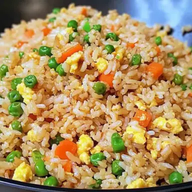 Close-up of homemade fried rice in a black skillet, featuring fluffy rice, shredded carrots, green peas, and scrambled eggs tossed in soy sauce.