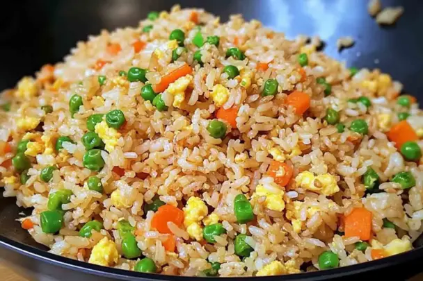 Close-up of homemade fried rice in a black skillet, featuring fluffy rice, shredded carrots, green peas, and scrambled eggs tossed in soy sauce.