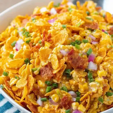 Close-up of a bowl of creamy Frito Corn Salad with corn, red onion, green peppers, and crushed Chili Cheese Fritos, served on a striped cloth.