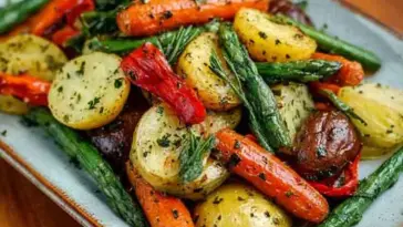 A vibrant medley of roasted vegetables including golden baby potatoes, bright orange carrots, red bell peppers, and green beans, all coated in garlic, olive oil, and herbs, served on a rectangular ceramic plate.