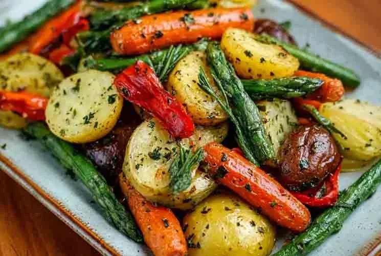 A vibrant medley of roasted vegetables including golden baby potatoes, bright orange carrots, red bell peppers, and green beans, all coated in garlic, olive oil, and herbs, served on a rectangular ceramic plate.
