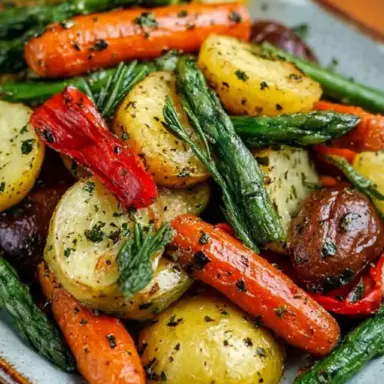 A close-up of garlic herb roasted vegetables on a white plate, featuring golden baby potatoes, bright orange carrots, green beans, red bell peppers, and fresh herbs, all lightly caramelized and glistening with olive oil and seasoning.