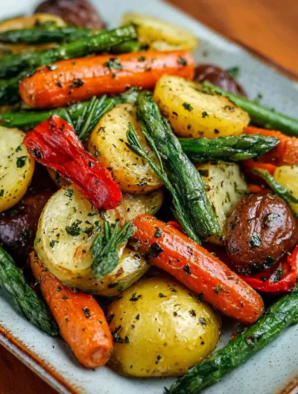 A close-up of garlic herb roasted vegetables on a white plate, featuring golden baby potatoes, bright orange carrots, green beans, red bell peppers, and fresh herbs, all lightly caramelized and glistening with olive oil and seasoning.