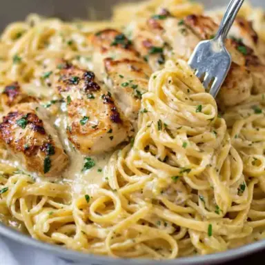 A close-up of creamy Garlic Parmesan Chicken Pasta in a bowl, with golden seared chicken slices on top of linguine tossed in a rich garlic parmesan sauce, garnished with chopped parsley and a fork twirling the noodles.