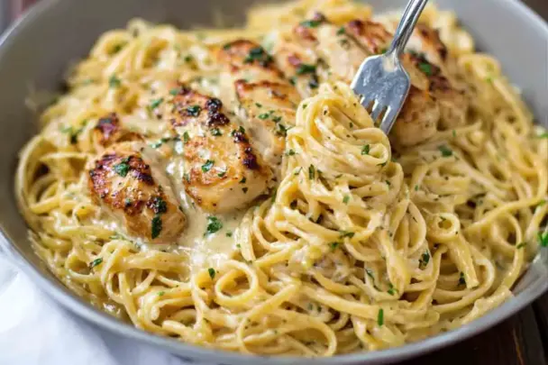 A close-up of creamy Garlic Parmesan Chicken Pasta in a bowl, with golden seared chicken slices on top of linguine tossed in a rich garlic parmesan sauce, garnished with chopped parsley and a fork twirling the noodles.