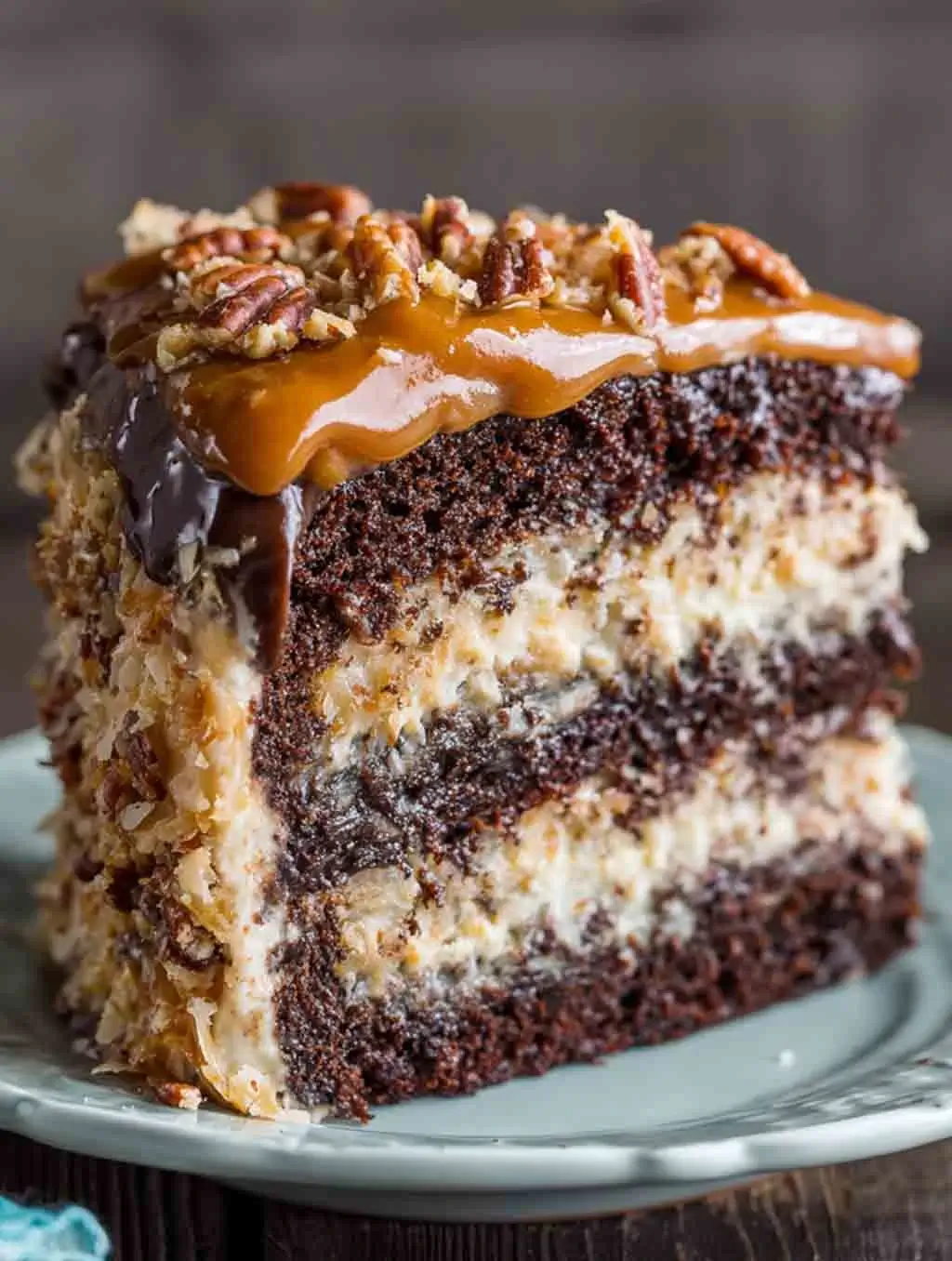 A close-up slice of German chocolate cake layered with rich coconut pecan frosting and topped with glossy caramel and chopped pecans on a ceramic plate.