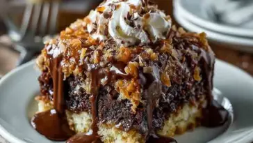 Close-up of a slice of German Chocolate Poke Cake on a white plate, featuring layers of moist chocolate cake soaked in condensed milk, topped with a coconut-pecan frosting, melted chocolate drizzle, and whipped cream.