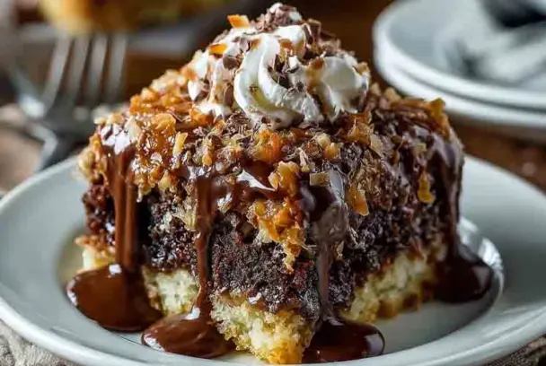 Close-up of a slice of German Chocolate Poke Cake on a white plate, featuring layers of moist chocolate cake soaked in condensed milk, topped with a coconut-pecan frosting, melted chocolate drizzle, and whipped cream.