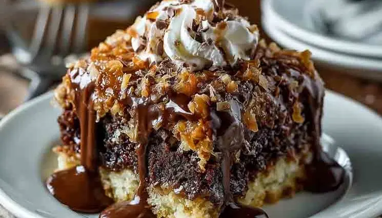 Close-up of a slice of German Chocolate Poke Cake on a white plate, featuring layers of moist chocolate cake soaked in condensed milk, topped with a coconut-pecan frosting, melted chocolate drizzle, and whipped cream.