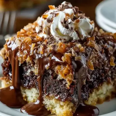 A decadent slice of German Chocolate Poke Cake on a white plate, featuring rich chocolate cake soaked in sweetened condensed milk, topped with gooey coconut-pecan frosting, whipped cream, and a drizzle of melted chocolate.