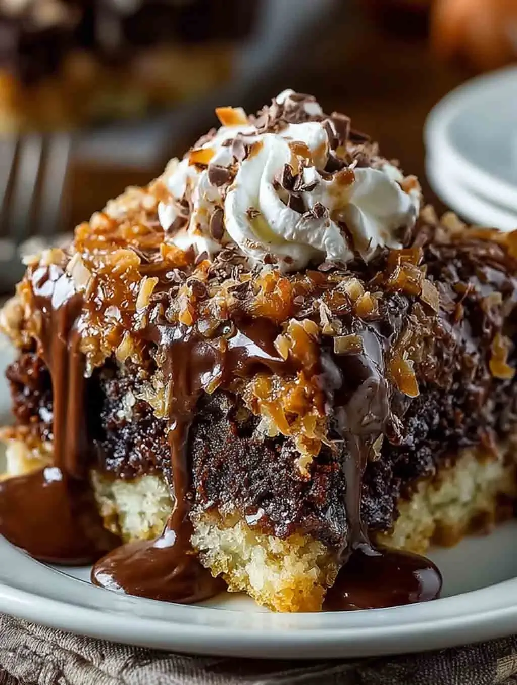 A decadent slice of German Chocolate Poke Cake on a white plate, featuring rich chocolate cake soaked in sweetened condensed milk, topped with gooey coconut-pecan frosting, whipped cream, and a drizzle of melted chocolate.