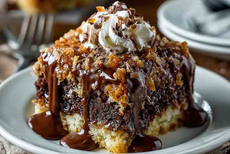 Close-up of a slice of German Chocolate Poke Cake on a white plate, featuring layers of moist chocolate cake soaked in condensed milk, topped with a coconut-pecan frosting, melted chocolate drizzle, and whipped cream.