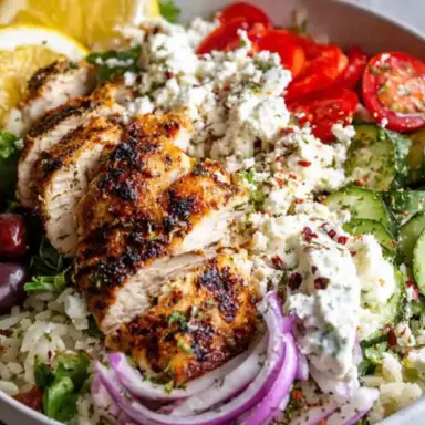A colorful Greek chicken bowl with grilled marinated chicken, herbed rice, cucumber slices, cherry tomatoes, red onion, kalamata olives, feta cheese, and tzatziki sauce, garnished with lemon slices and fresh herbs.