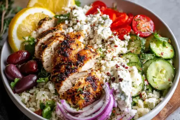 A colorful Greek chicken bowl with grilled marinated chicken, herbed rice, cucumber slices, cherry tomatoes, red onion, kalamata olives, feta cheese, and tzatziki sauce, garnished with lemon slices and fresh herbs.