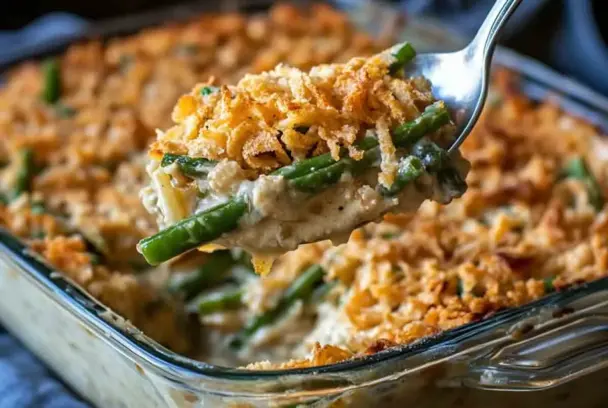 Close-up of a serving of creamy green bean casserole being lifted from a glass baking dish, topped with golden crispy fried onions.