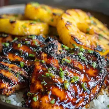 Close-up of grilled Hawaiian BBQ chicken coated in sticky pineapple glaze, served on white rice with grilled pineapple slices and garnished with green onions.