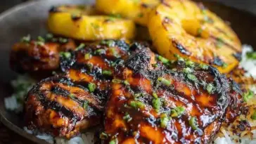 Grilled Hawaiian BBQ chicken with caramelized pineapple rings, served on a bed of white rice and garnished with green onions in a rustic brown bowl.