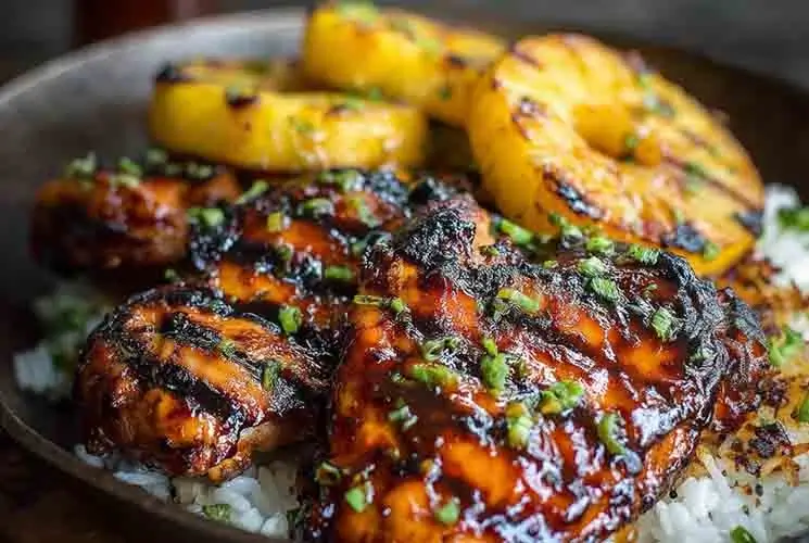Grilled Hawaiian BBQ chicken with caramelized pineapple rings, served on a bed of white rice and garnished with green onions in a rustic brown bowl.