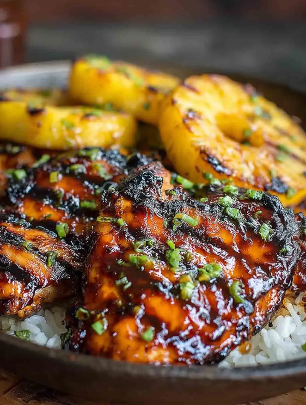 Close-up of grilled Hawaiian BBQ chicken coated in sticky pineapple glaze, served on white rice with grilled pineapple slices and garnished with green onions.