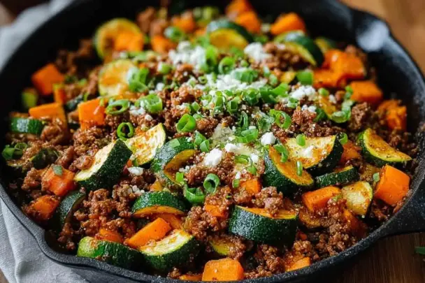 Close-up of a one-pan Ground Beef Zucchini Sweet Potato Skillet topped with green onions and cheese, served in a black cast iron skillet.