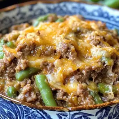 Close-up of cheesy Hamburger Green Bean Casserole in a blue patterned bowl, showing ground beef, green beans, and melted cheese.