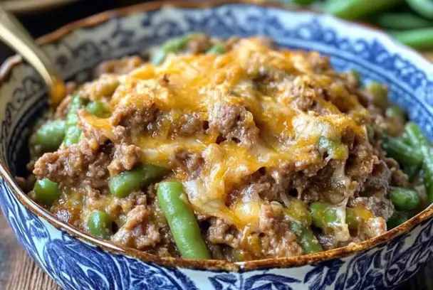 Close-up of cheesy Hamburger Green Bean Casserole in a blue patterned bowl, showing ground beef, green beans, and melted cheese.