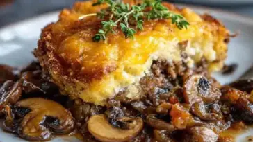 Golden-baked hamburger mushroom casserole topped with melted cheese and fresh thyme, served on a plate with savory mushrooms and beef in a rich brown sauce.