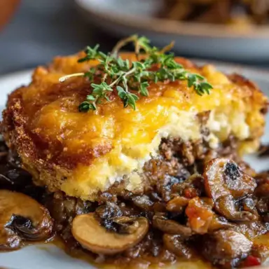 Close-up of a cheesy hamburger mushroom bake topped with golden melted cheese and fresh thyme, served on a plate with rich mushroom and ground beef filling.